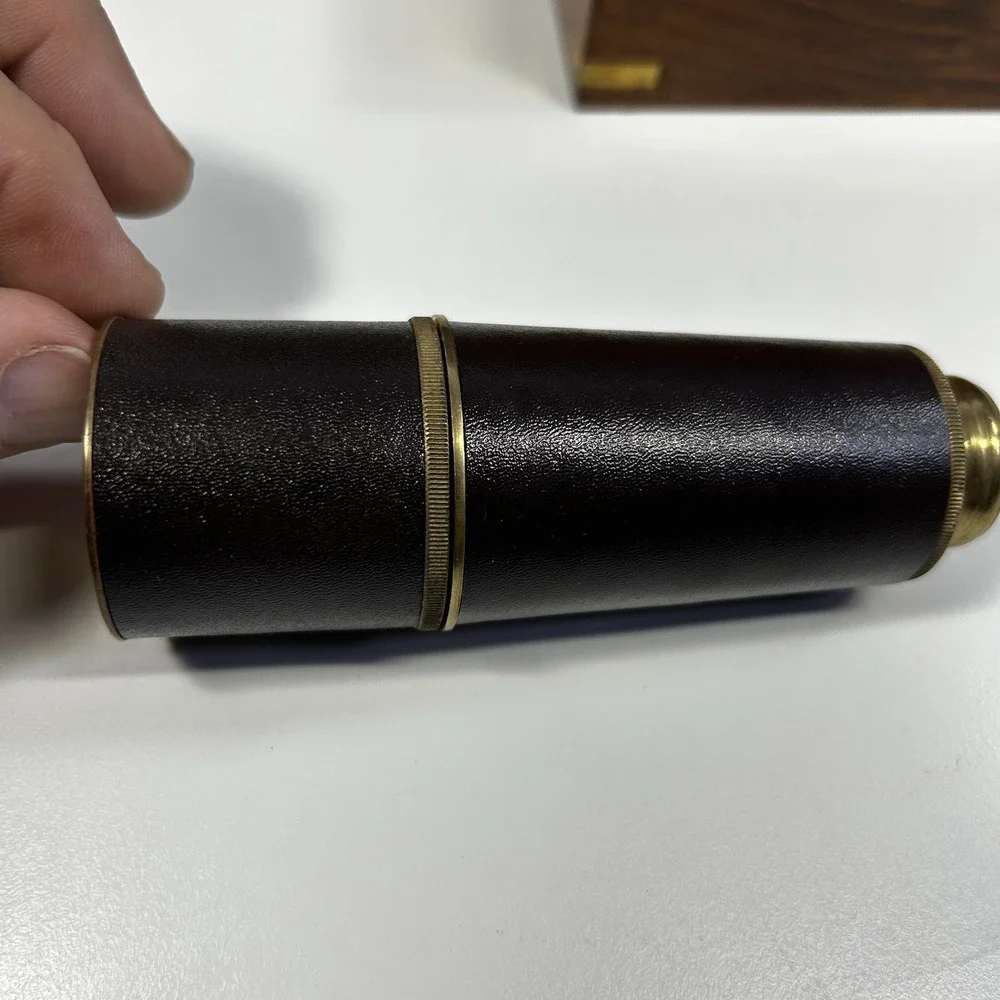 Antique Style Brass Spyglass Telescope Leather Wrapped w Wooden Box